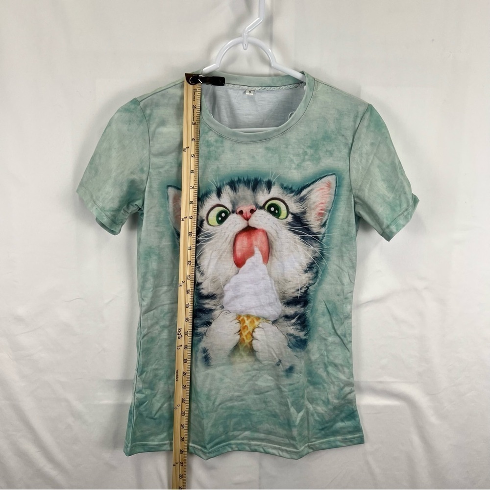 Women's Short Sleeve Shirt - Teal - Cat - Graphic - Small - Picture 6 of 7